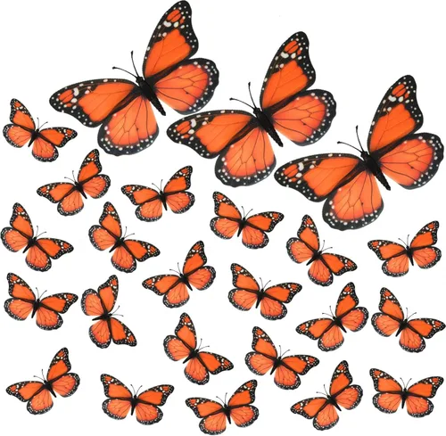 AQUEENLY 24 piezas de mariposas monarca, mariposas naranjas para manualidades, mariposas falsas de primera calidad, decoración de pared para
