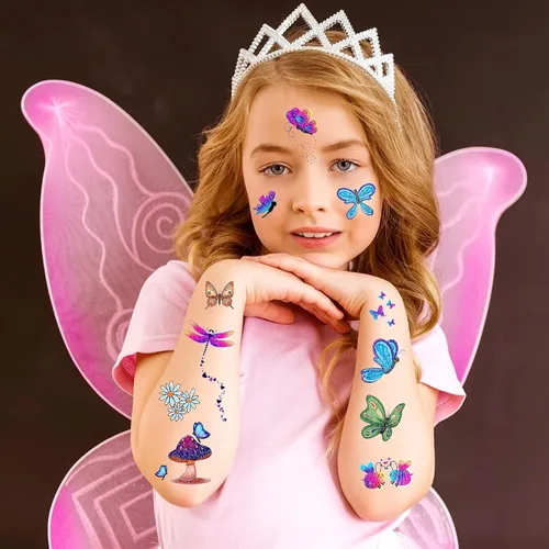 Miniatura 2 de Konsait Tatuaje Temporal con Purpurina para Niñas, 24 Hojas de Calcomanías de Tatuaje de Mariposa Sirena Hada Flores para Niños, Tatuajes Falsos