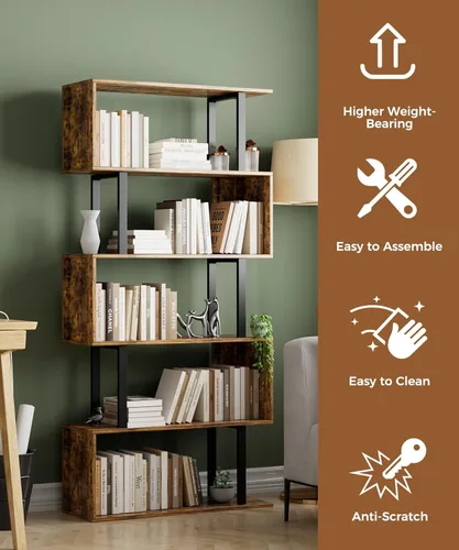 Miniatura 4 de Gadroad - Estantería geométrica de 5 niveles, estantería en forma de S, estante decorativo de madera, estanterías modernas independientes, estante