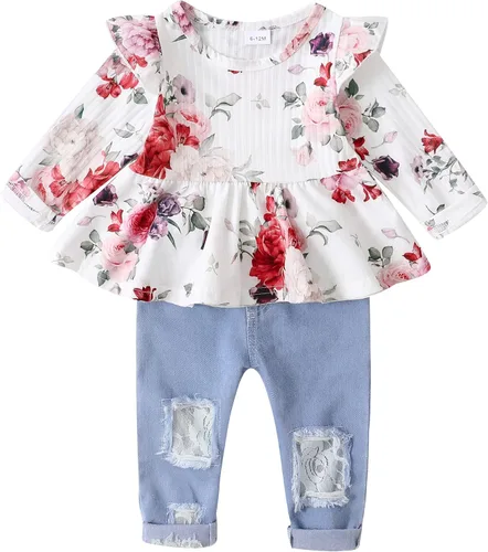 XUANHAO Conjunto de 2 piezas de pantalones de mezclilla para niñas pequeñas parte superior floral con volantes pantalones de mezclilla rasgados
