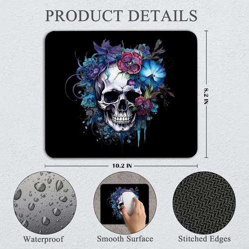 Miniatura 2 de Alfombrilla de mouse gótica de calavera – Regalos de esqueleto gótico, suministros de oficina, decoración de escritorio, base de goma antideslizante