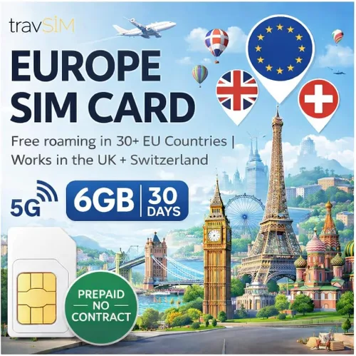 travSIM Tarjeta SIM de Europa | Datos de 6 GB con velocidades 4G/5G | Llamadas ilimitadas | Uso en el Reino Unido, Suiza y más de 30 países de la UE