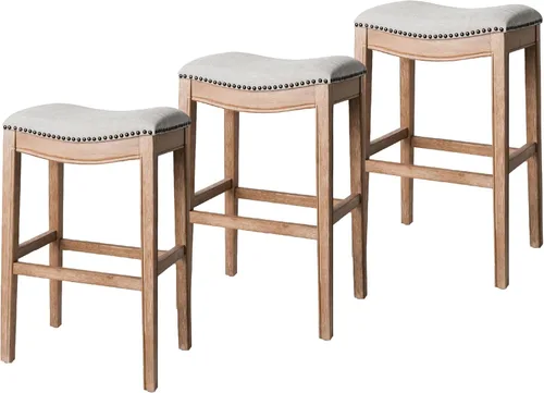 Miniatura 40 de Maven Lane Adrien Taburete de bar sin espalda, asiento de silla de montar de 31 pulgadas con reposapiés, marco de madera maciza gris y tapicería
