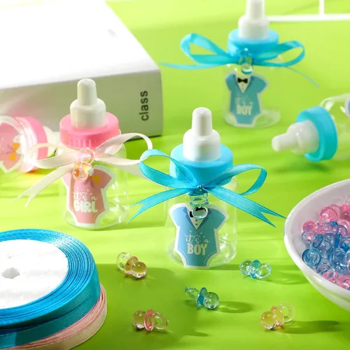 Miniatura 4 de 162 piezas de revelación de género para baby shower, 48 mini botellas de leche de plástico para bebé, 48 mini chupetes de plástico, 64 calcomanías