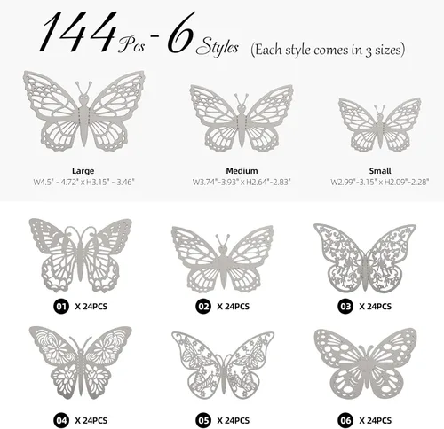 Miniatura 2 de 144 calcomanías de pared de mariposa 3D, 6 estilos, 3 tamaños, calcomanías de mariposa extraíbles plateadas, decoración de pared para habitación