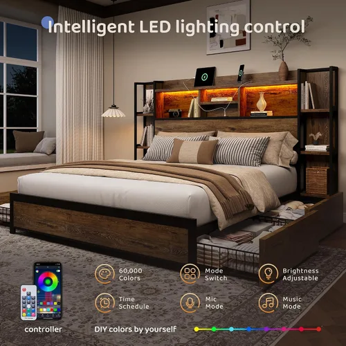 Miniatura 4 de BRELTAM Base de cama tamaño King con 4 cajones de almacenamiento y cabecero con almacenamiento de estantes, marco de cama de plataforma de madera