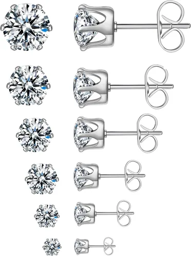 Juego de 6 pares de aretes tipo dormilona de acero inoxidable 316L con circonita cúbica transparente para mujeres y hombres, de 0.315 a 0.3