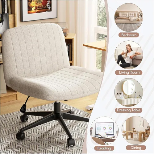 Miniatura 7 de SUNLEI Silla de oficina con patas cruzadas con ruedas, silla ancha sin brazos para escritorio de tocador, sillas cómodas cruzadas con respaldo