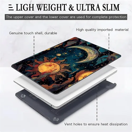 Miniatura 6 de para MacBook Air de 13 Pulgadas, Funda Negra con Patrón de Sol y Luna Brillando en Contraste Versión 2011-2017 de A1466/A1369 Carcasa Rígida