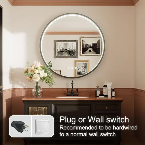 Miniatura 8 de Espejo de baño LED redondo Bluetooth dual de 20 pulgadas con antivaho Black Frame Circle Vanity Mirror with Lights, 3000K/4500K/6000K, Adjustable