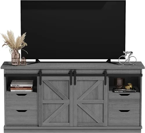 Miniatura 10 de JUMMICO Soporte de TV con 4 cajones para TV de 65 pulgadas, centro de entretenimiento de granja con almacenamiento y puertas corredizas de granero