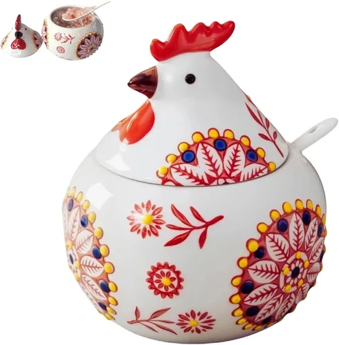 Bodega de sal de cerámica con tapa y cuchara | Recipiente grande de sal de pollo de 13.5 onzas | Recipientes de sal y pimienta para encimera | Rojo