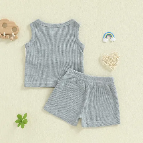 Miniatura 8 de Ropa de bebé niño sin mangas + pantalones cortos con estampado a rayas con bolsillos, 2 piezas de trajes de verano