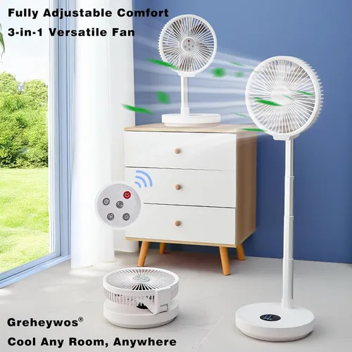 Miniatura 2 de Ventilador oscilante plegable recargable de 10 pulgadas, ventilador de pie con batería de 7200 mAh con control remoto, 6 velocidades y función