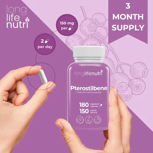 Miniatura 5 de Pterostilbene 150mg 180 cápsulas vegetarianas Hecho en Estados Unidos 75mg por píldora Polvo puro natural