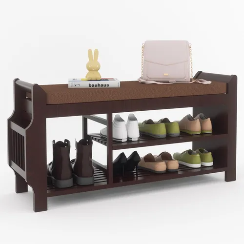 Miniatura 3 de NURTUDIS Banco de zapatos, taburete de bambú para almacenamiento de zapatos con cojín extraíble, estante organizador de almacenamiento de zapatos