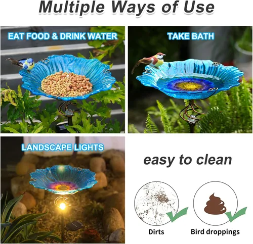 Miniatura 3 de Homight Comedero de aves solar de cristal azul, arte de jardín, baño para pájaros al aire libre con estaca de metal con luz LED blanca, decoración