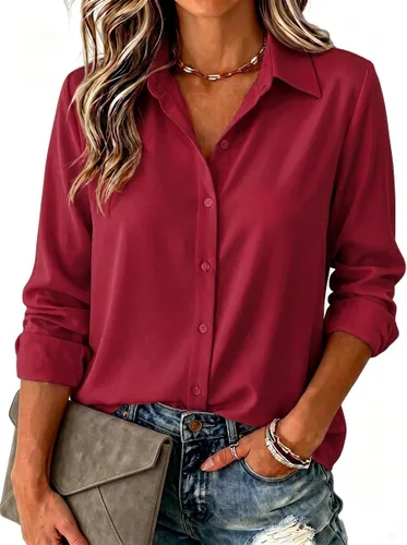 Miniatura 13 de Zeagoo Blusa para mujer, de manga larga, con botones, casual, ligera, lisa/estampada