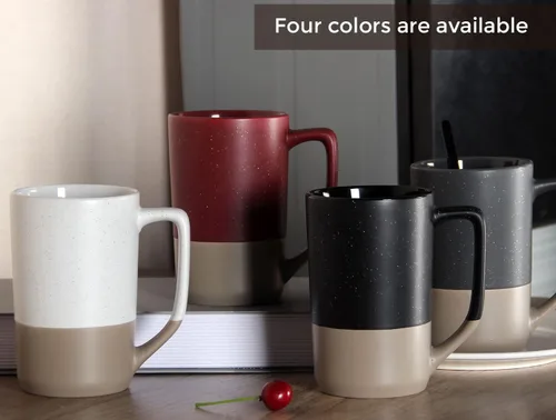 Miniatura 5 de Taza de café grande de 16 onzas, combinación de dos colores, taza de té grande de cerámica con mango cuadrado con moteado blanco para hombres y Negro