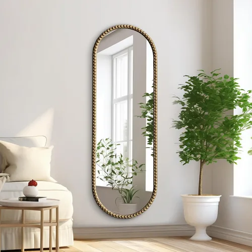 Espejo de cuerpo entero ovalado dorado antiguo, espejo de pared de cuerpo completo, espejos barrocos con cuentas de metal dorado, espejo decorativo