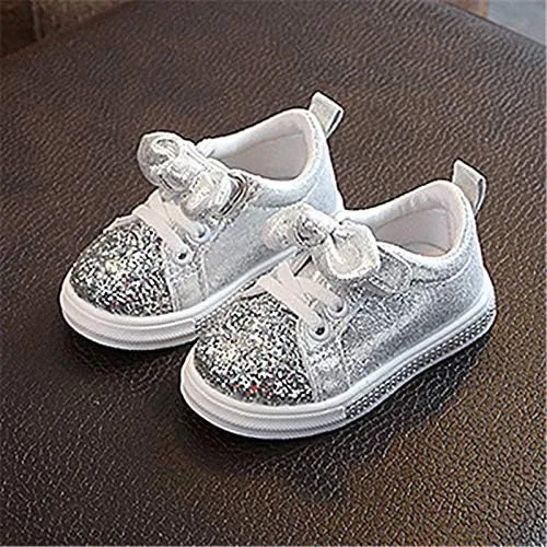 Miniatura 4 de Crystal Sport - Tenis deportivos con lentejuelas para niños y niñas, con lazo, brillantes zapatos para bebés y niñas (plateado-B, 18-24 meses)