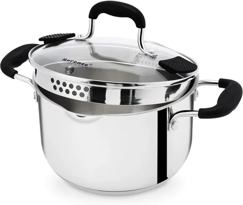 Rorence - Olla sopera de acero inoxidable con boquilla de vertido y mangos de silicona y tapa de vidrio con colador - 3.7 cuartos