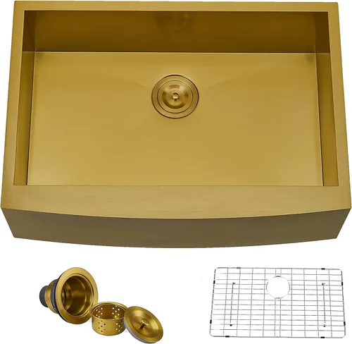 Miniatura 7 de HOTIS Gold Fregadero de Granja, Fregadero de Cocina de 30 Pulgadas Dorado, Delantal Plano Delantero Bajo Montaje Fregadero de Granja, Fregadero