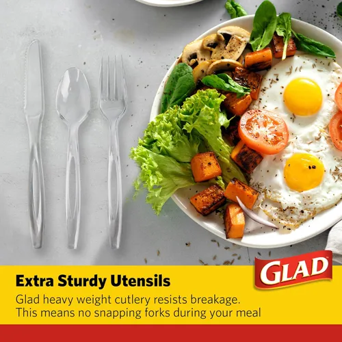 Miniatura 3 de Glad Juego de cubiertos desechables transparentes con tenedores, cuchillos y cucharas de plástico resistente, utensilios de plástico reutilizables