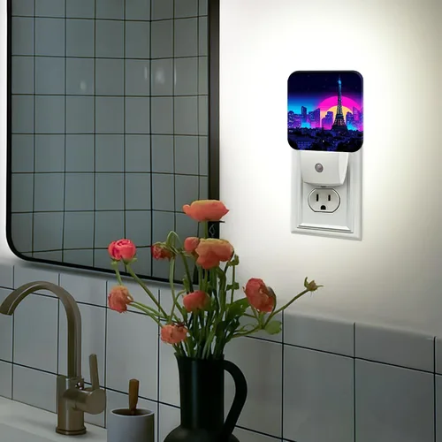 Miniatura 5 de Paris Tower Night Lights Plug Into Wall, Retro Futuristic City Skyline Sunset Summer Peach Dusk to Dawn Led Plug in Night Lights for Bathroom