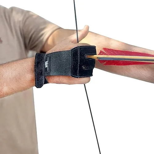 Miniatura 2 de Hunt & Seek Guante de tiro con arco - Guantes de caza de cuero de gamuza para arco recurvo y compuesto - Protector de tres dedos unisex Negro