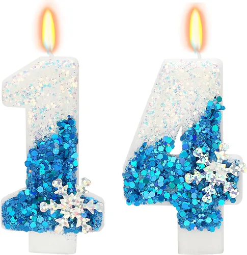 Miniatura 35 de Velas temáticas de cumpleaños de nieve congelada, vela de cumpleaños número 4 para suministros de fiesta, decoración de fiesta de cumpleaños Azul