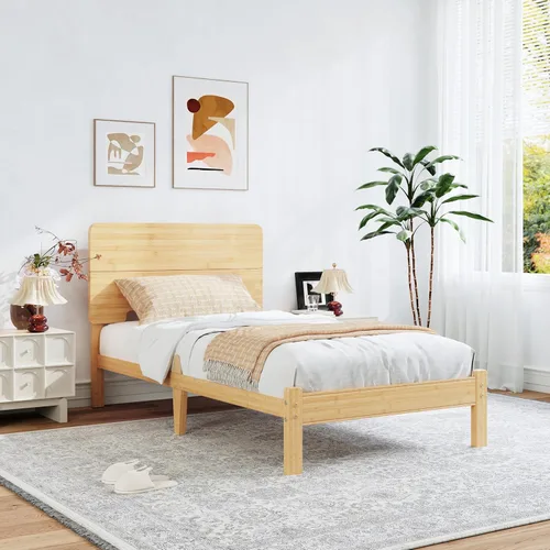 Miniatura 4 de BOSRII Base de cama de madera de bambú maciza de 12 pulgadas de alto tamaño individual con cabecero, listones de metal reforzados, sin ruido,