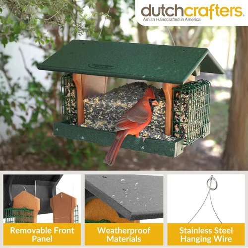 Miniatura 4 de DutchCrafters Comedero colgante de polietileno para pájaros con dos jaulas de soporte para tartas de sebo; alimentador de pájaros duradero