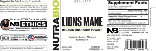 Miniatura 5 de NutraBio Cápsulas orgánicas de suplemento de hongos de melena de león – 500 mg en polvo – Enfoque, memoria, apoyo a la inmunidad – 60 cápsulas