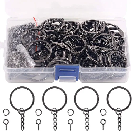 Miniatura 15 de Swpeet Juego de 450 llaveros planos negros de 4/5 pulgadas de 0.787 in, incluye 150 llaveros divididos con cadena y 150 anillos de salto con 150