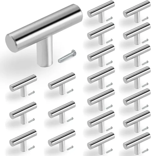 Paquete de 24 pomos para gabinete, tiradores de gabinete con barra en T, manijas modernas para cajones de cocina, accesorios de gabinete con plateado