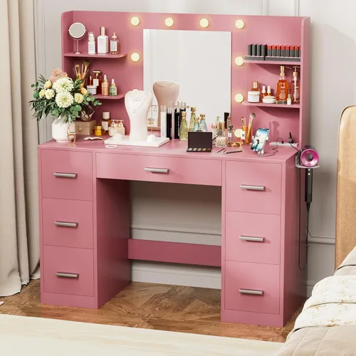 Miniatura 9 de VICTONE Escritorio de tocador con espejo iluminado LED y toma de corriente, 3 modelos de luces, mesa de tocador de maquillaje con 7 cajones y 6