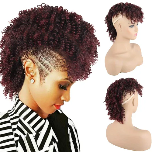 Miniatura 12 de KRSI Cola de caballo de pelo alto afro con flequillo, moño sintético rizado Mohawk Kinkys rizado cola de caballo con clip en colas de caballo