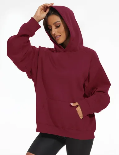 Miniatura 6 de Lauweion - Sudadera básica lisa de ajuste holgado con forro polar, capucha, mangas largas, hombro caído y bolsillo tipo canguro para mujer