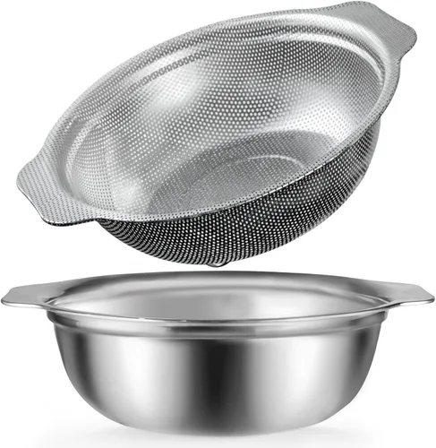 Miniatura 8 de Colador de acero inoxidable para cocina, colador de arroz de 2.5 cuartos con tazón para mezclar, juego de cuencos coladores con microporoso