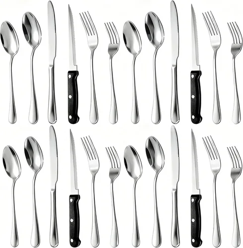 Juego de cubiertos con cuchillos para carne, cubiertos de acero inoxidable para 4, cucharas, tenedores y cuchillos, juegos de utensilios con acabado