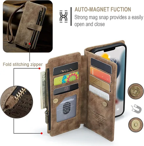 Miniatura 3 de Funda compatible con iPhone 13 Pro Max 5G con tarjetero y función atril magnético, con cremallera, bolsillo, correa de muñeca, funda de cuero