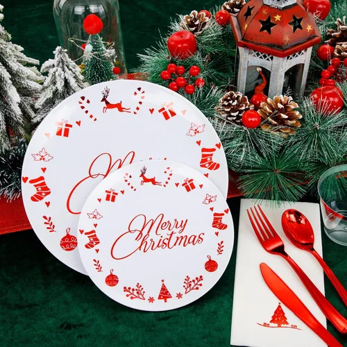 Miniatura 3 de Liacere 175 piezas de platos desechables de plástico navideños rojos y blancos - Incluye 25 platos de postre, 25 platos para cena, 25 cuchillos, 25