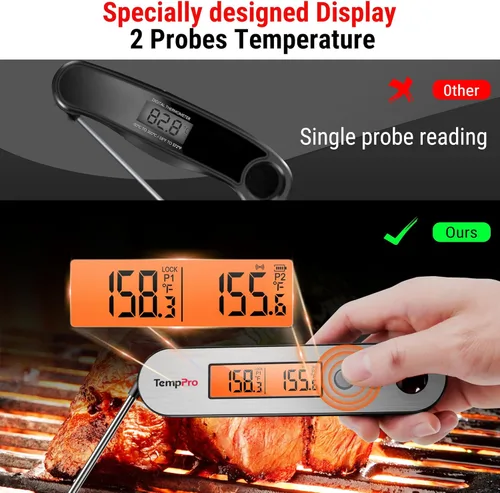 Miniatura 5 de Termómetro digital de carne ThermoPro TP610 para cocinar, termómetro de alimentos recargable de lectura instantánea con pantalla LCD giratoria