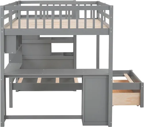 Miniatura 9 de RUNNA Litera matrimonial sobre individual con escritorio, cajones y escaleras, litera de madera maciza para niños, niñas, adolescentes y adultos