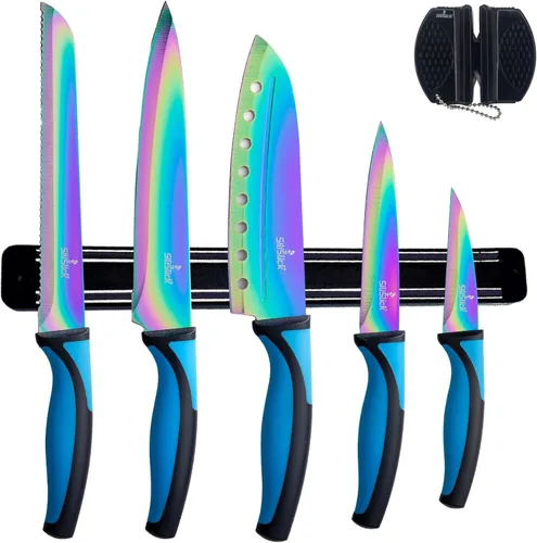 Miniatura 9 de SiliSlick Juego de cuchillos de cocina, cuchillas recubiertas de titanio arcoíris, 5 cuchillos aptos para lavavajillas con afilador y estante de All
