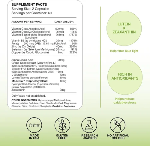 Miniatura 3 de EyeScience Fórmula de salud macular - Cápsulas - Suplemento nutricional completo para la salud ocular - Contiene luteína, zeaxantina, vitamina C, D