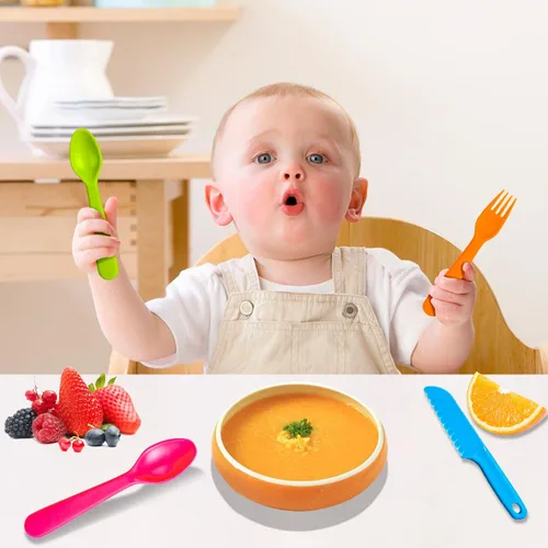 Miniatura 6 de Jawbush Juego de 12 cubiertos para niños, utensilios de plástico para niños pequeños, tenedores y cucharas con cuchillos de nailon dentado