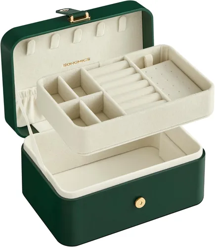 Miniatura 8 de SONGMICS Caja organizadora de joyas, estuche de viaje de 2 capas para aretes, collares, pulseras, almacenamiento portátil de joyas con gran Verde