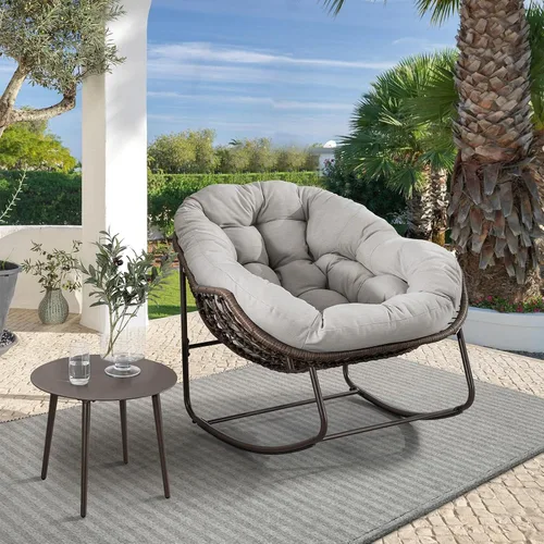 Miniatura 16 de Juego de 2 mecedoras para exteriores, silla mecedora de huevos de mimbre de gran tamaño, para interiores y exteriores, cómoda silla mecedora con Gris